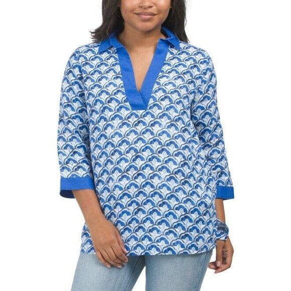 SIGRID OLSEN 100% Linen Three-quarter Sleeve Collared Popover Top Coastal Medium - Picture 1 of 12